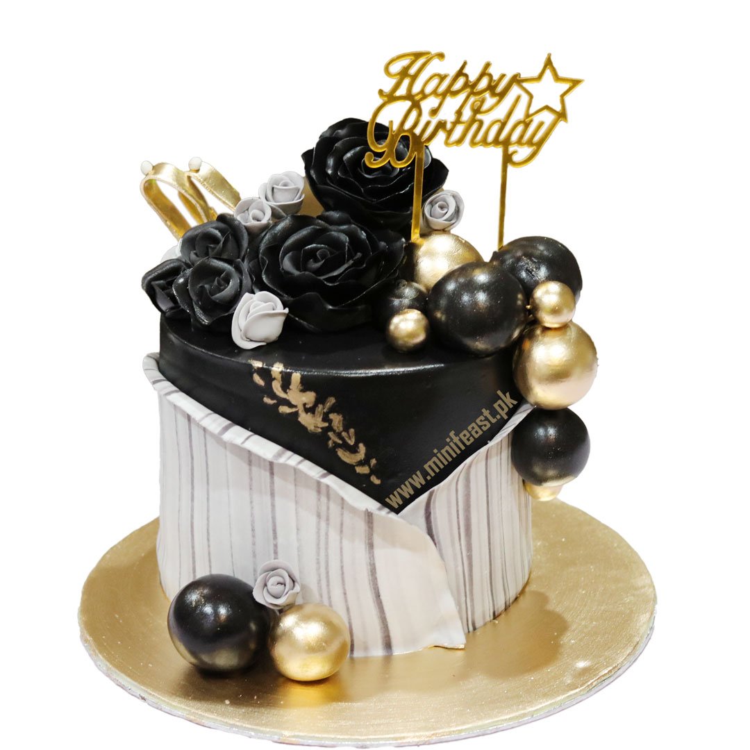 Black-Flower-Golden-Birthday-Cake Black Flower Golden Birthday Cake